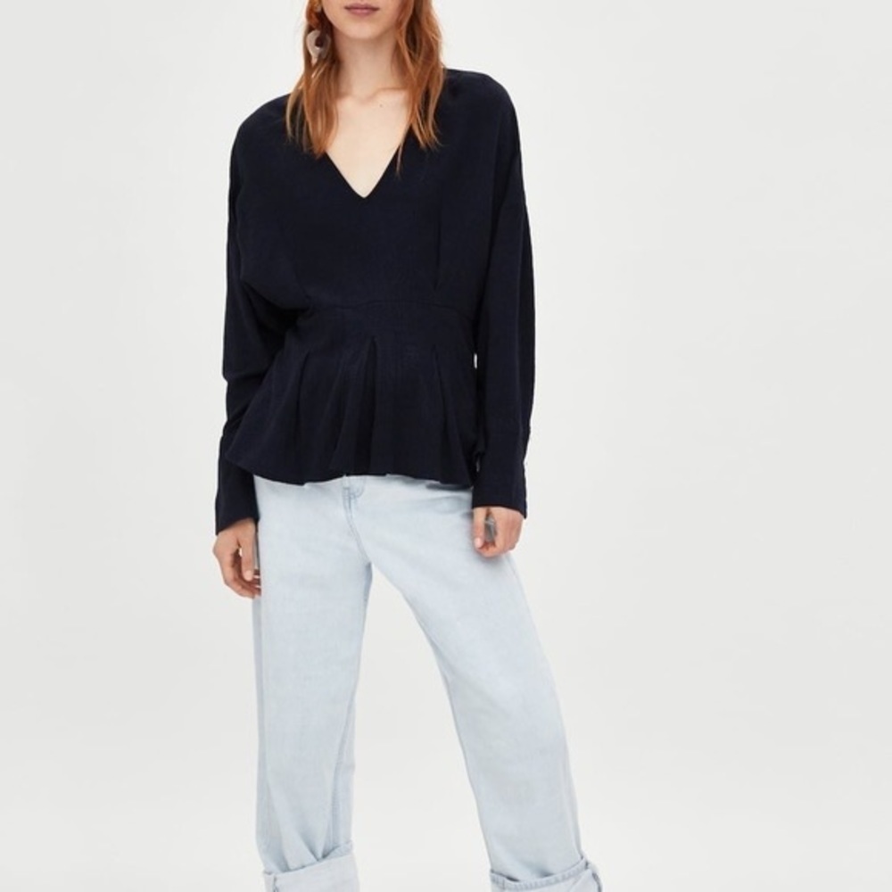 NWT ZARA Women's Pleated Navy Blue Pearl Peplum Blouse Top‎ X-Small XS (A5)